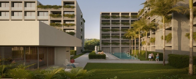 1-3 bedroom condos in the Momentum District near Layan Beach, Phuket exterior view of the building, pool and garden PSC-LAY-1573