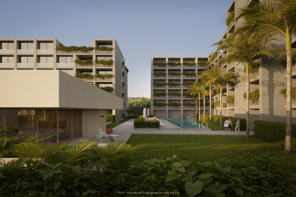 1-3 bedroom condos in the Momentum District near Layan Beach, Phuket exterior view of the building, pool and garden PSC-LAY-1573