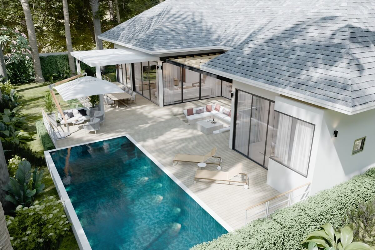 2-4 bedroom pool villas near Friendship Beach Resort in Rawai, Phuket aerial view of villa with pool PSV-RAW-1552