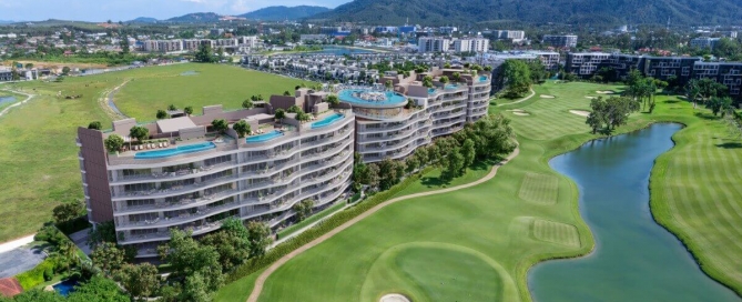 2–3 bedroom condos & penthouses in Laguna, Phuket aerial view of the development facing the golf course PSC-LAG-1566
