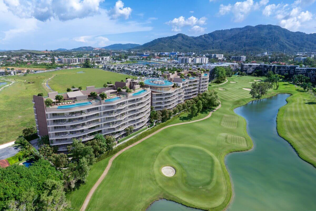 2–3 bedroom condos & penthouses in Laguna, Phuket aerial view of the development facing the golf course PSC-LAG-1566