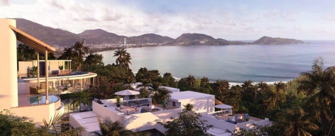 2-3 bedroom pool villas 500m walk to Kalim Beach in Patong, Phuket aerial view of villas overlooking the ocean PSV-PAT-1574