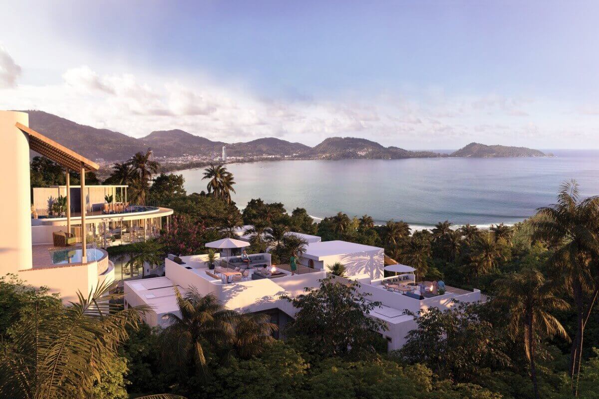 2-3 bedroom pool villas 500m walk to Kalim Beach in Patong, Phuket aerial view of villas overlooking the ocean PSV-PAT-1574