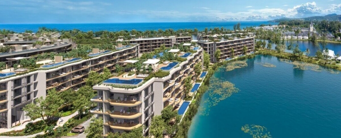 2–3 bedroom penthouses in Laguna, Phuket aerial view of the development beside the lake PSC-LAG-1567