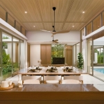 3-4 bedroom pool villas near Thanyapura and UWC in Thalang, Phuket dining table and living room with tv and ceiling fan PSV-THA-1554