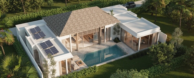 3-4 bedroom pool villas near Thanyapura and UWC in Thalang, Phuket aerial view of a single villa with solar panels PSV-THA-1554