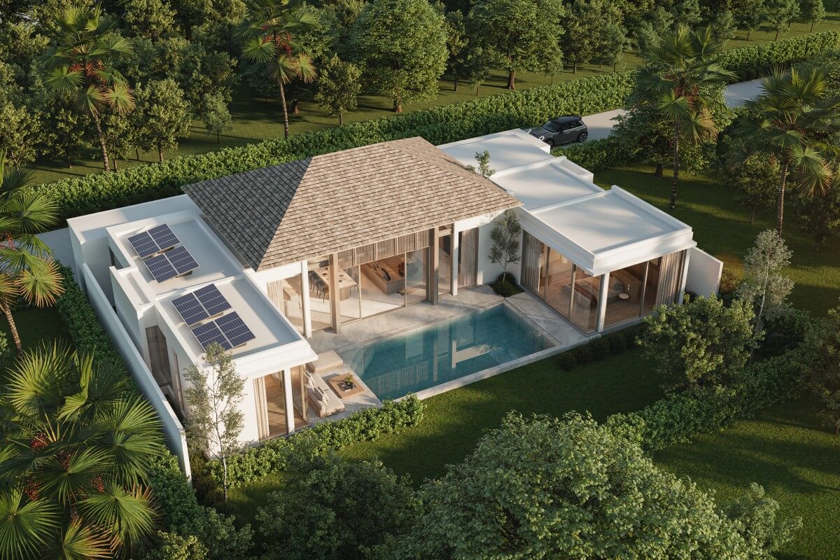 3-4 bedroom pool villas near Thanyapura and UWC in Thalang, Phuket aerial view of a single villa with solar panels PSV-THA-1554