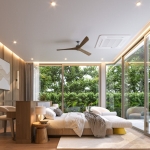 3-4 bedroom pool villas near Thanyapura and UWC in Thalang, Phuket bedroom with floor to ceiling glass walls and doors and pool access PSV-THA-1554