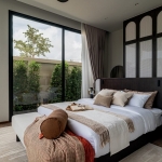 3-4 bedroom pool villas in Soi Naya near Nai Harn Beach, Phuket bedroom with dark wood furniture bed bench PSV-NAH-1569