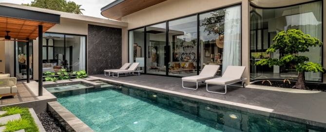 3-4 bedroom pool villas in Soi Naya near Nai Harn Beach, Phuket exterior view showing pool and sala PSV-NAH-1569