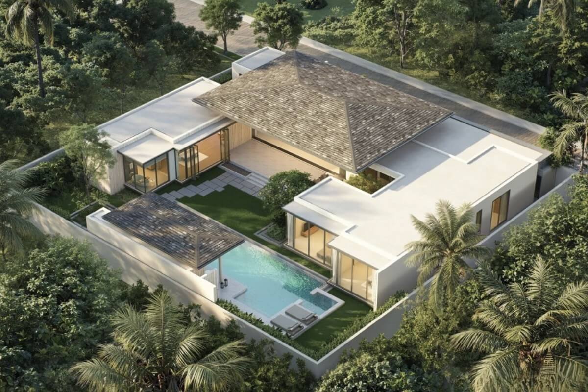 3-4 bedroom pool villas walk to BISP in Koh Kaew, Phuket aerial view of villa PSV-KOH-1571