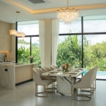 3-bedroom modern pool villa near Lotus’s in Chalong, Phuket 6-seater marble dining table and kitchen with chandeliers and pool view PSV-CHA-1579