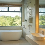 3-bedroom modern pool villa near Lotus’s in Chalong, Phuket bathroom with bathtub, shower and picture window PSV-CHA-1579