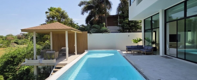 3-bedroom modern pool villa near Lotus’s in Chalong, Phuket exterior shot showing pool deck and sala PSV-CHA-1579