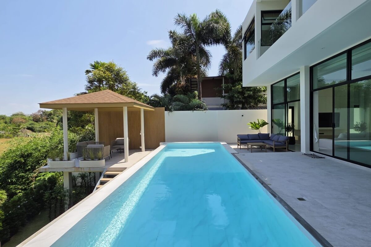 3-bedroom modern pool villa near Lotus’s in Chalong, Phuket exterior shot showing pool deck and sala PSV-CHA-1579