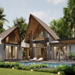 3-4 bedroom villas in Pru Jampa, Phuket exterior view of modern villa with Thai style roof, garden and pool PSV-PRJ-1572
