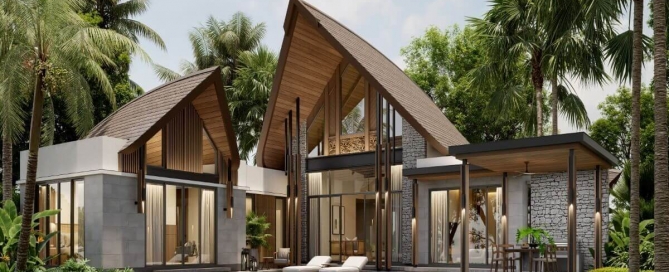 3-4 bedroom villas in Pru Jampa, Phuket exterior view of modern villa with Thai style roof, garden and pool PSV-PRJ-1572