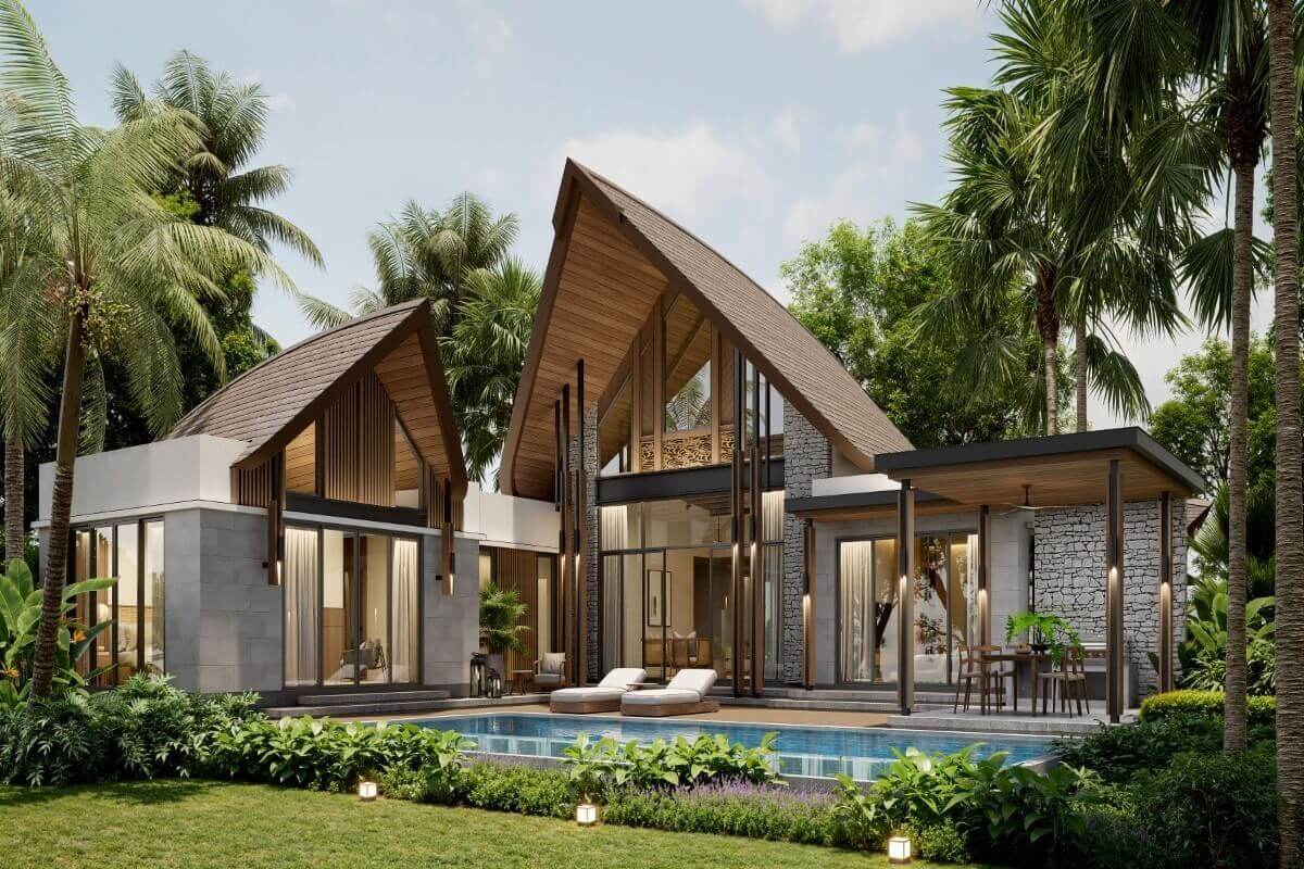 3-4 bedroom villas in Pru Jampa, Phuket exterior view of modern villa with Thai style roof, garden and pool PSV-PRJ-1572