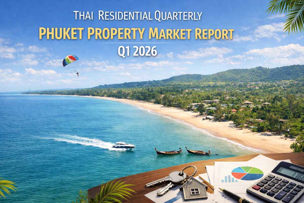 Bang Tao Beach Phuket with Thai Residential Q1 2026 Phuket Property Market Report title and real estate charts in foreground
