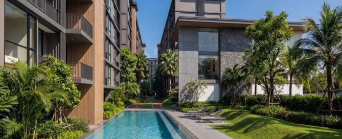 1-2 bedroom condos in Soi Ta-iad, Chalong, Phuket pool area with jogging track in the background PSC-CHA-1601