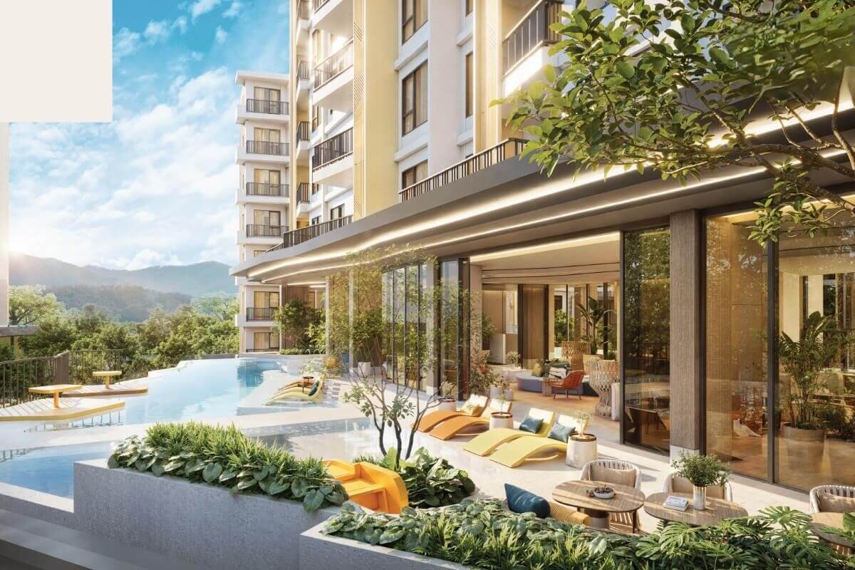 1-2 bedroom & plus condos adjacent to HomePro in Cherng Talay, Phuket lower pool deck area PSC-CHE-1599