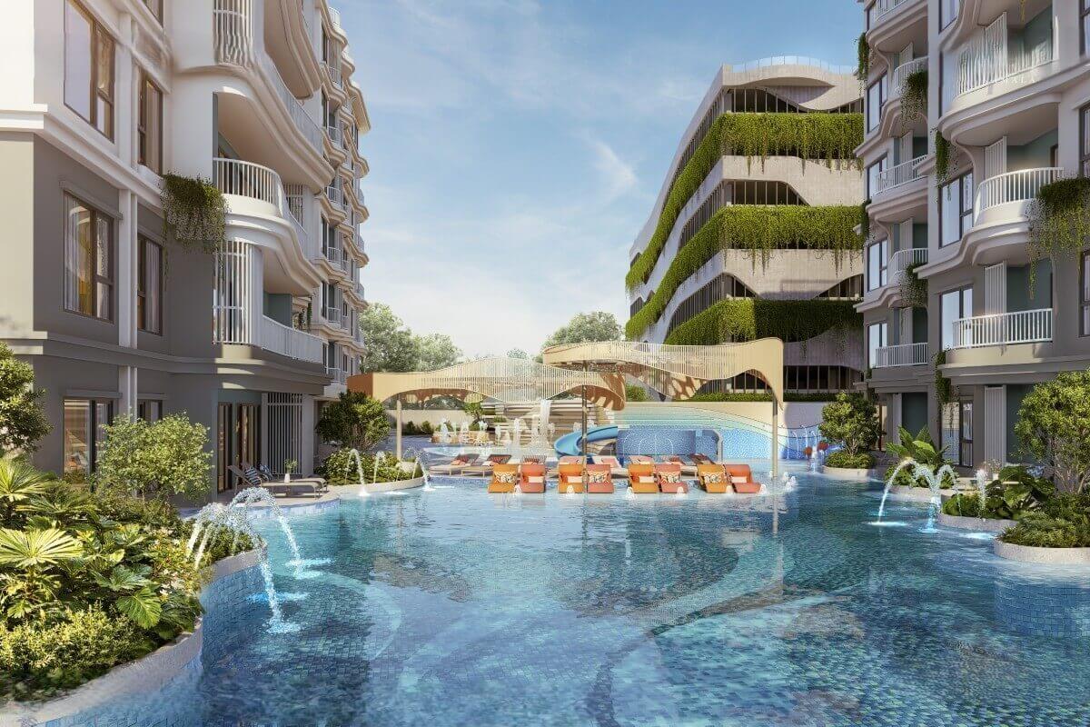 2-3-bedroom condos near Kamala Beach, Phuket lagoon pool between condo buildings PSC-KAM-1593