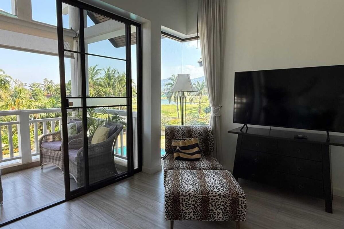 2-bedroom condo in Laguna Phuket animal print daybed near outdoor covered terrace PSC-LAG-1598