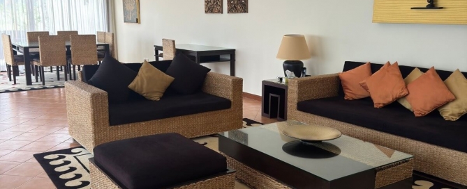 3-bedroom pool villa directly beside the fairways in Laguna, Phuket open plan living and dining area with teracotta floor tiles PSV-LAG-1580