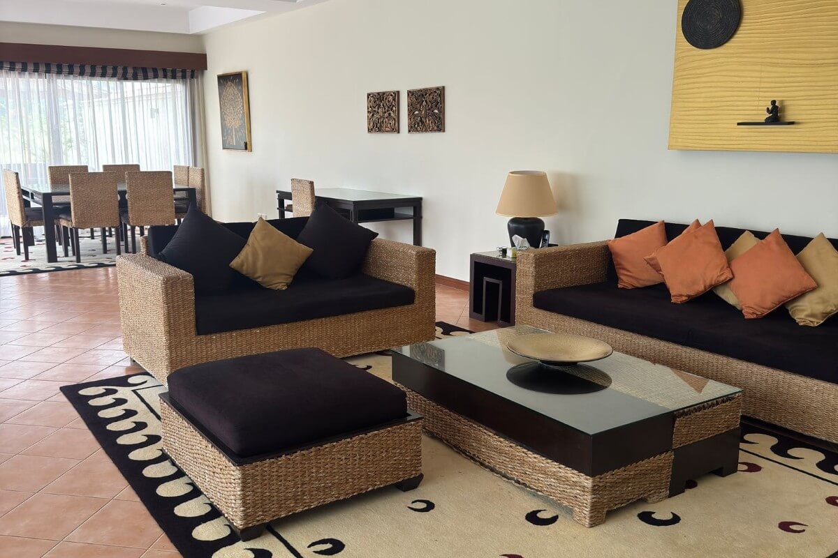 3-bedroom pool villa directly beside the fairways in Laguna, Phuket open plan living and dining area with teracotta floor tiles PSV-LAG-1580