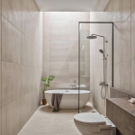 3-bedroom pool villas & townhomes near Laguna in Cherng Talay, Phuket bathroom with bathtub and sand colored tiles PSV-CHE-1608