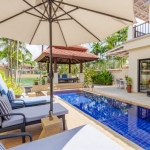 3-bedroom pool villa for sale in Laguna, Phuket pool deck with sun loungers and sala PSV-LAG-1579