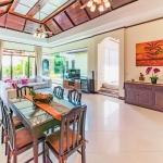 4-bedroom pool villa near Bang Tao Beach, Phuket open plan living, dining and kitchen area with vaulted ceiling and chandeliers PSV-BAN-1585