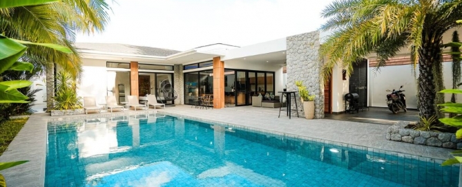 4-bedroom pool villa in Soi Samakki, Rawai Phuket exterior of villa with large pool PSV-RAW-1583