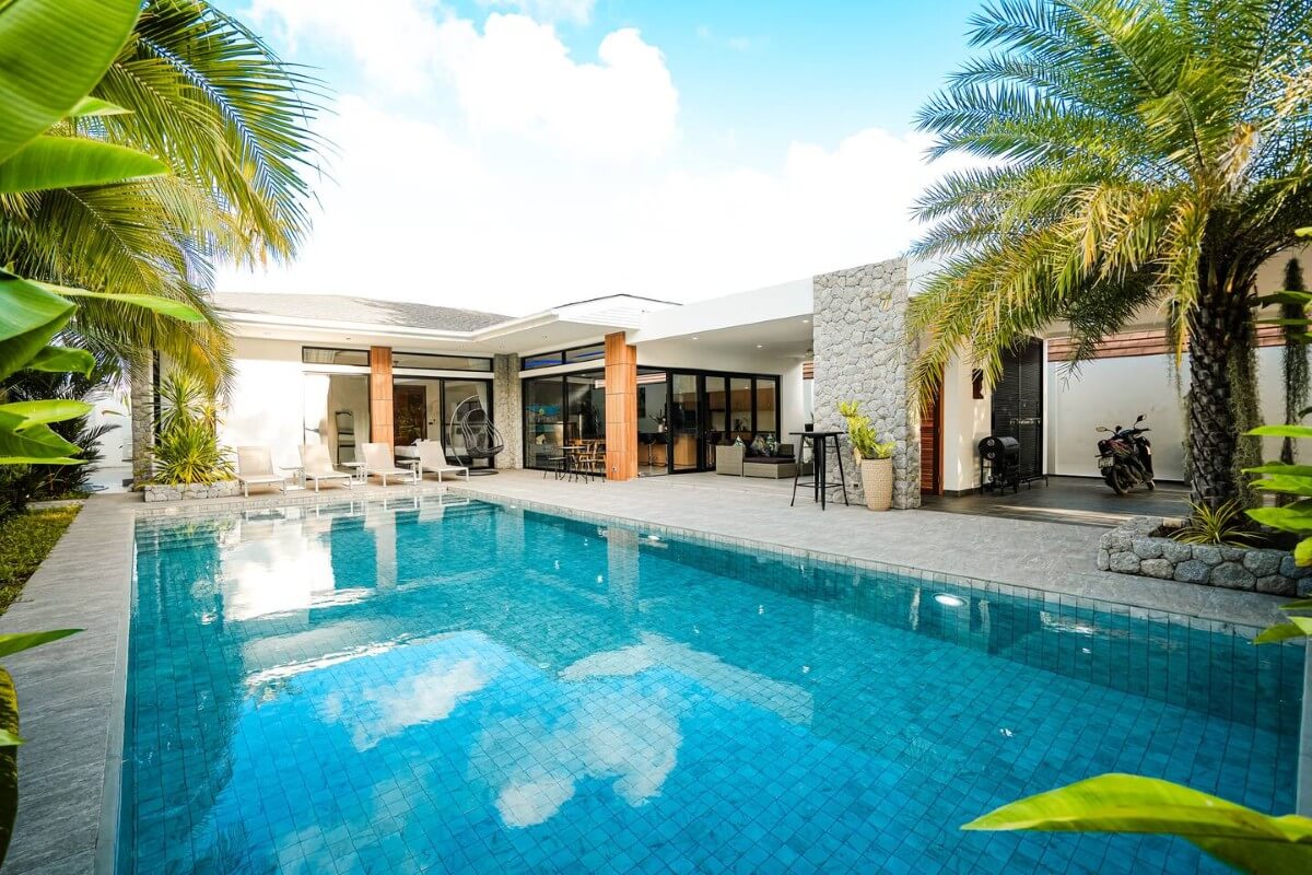 4-bedroom pool villa in Soi Samakki, Rawai Phuket exterior of villa with large pool PSV-RAW-1583